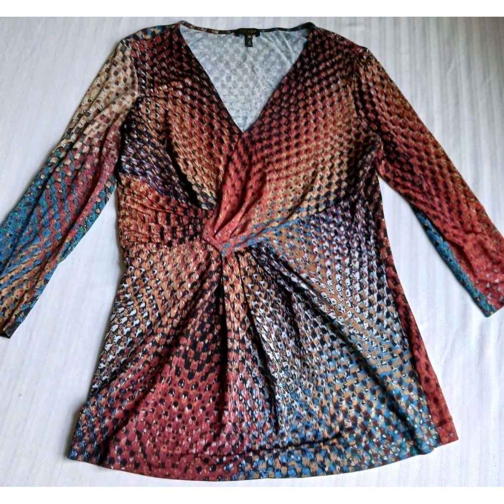 Escada Top Medium Runched Front Flowy Fantasy Geometric Jersey Stretch